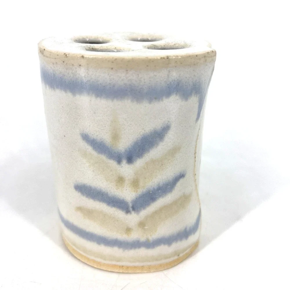 Handcrafted Bay Pottery Blue Tan Glaze Toothbrush Holder and Bathroom Water Cup